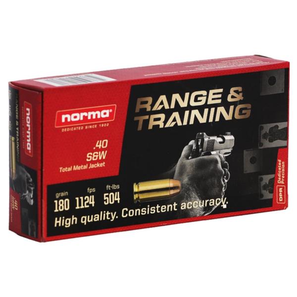 NORMA RANGE & TRAINING .40 S&W 180 GR TMJ 1124 FPS 50 RD/BOX